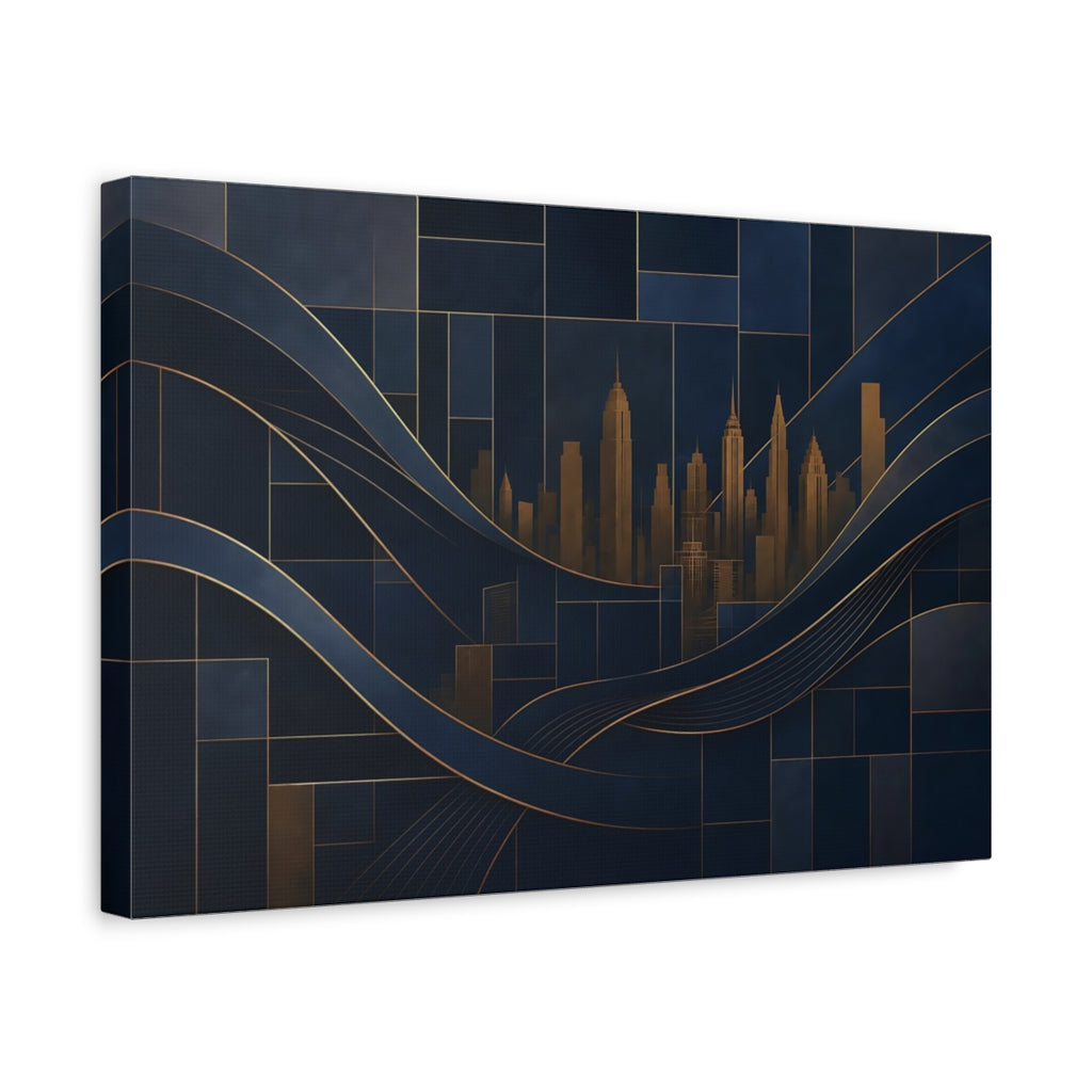 Side Mockup 4. Abstract Cityscape Navy Blue And Gold shown as stretched canvas wall art