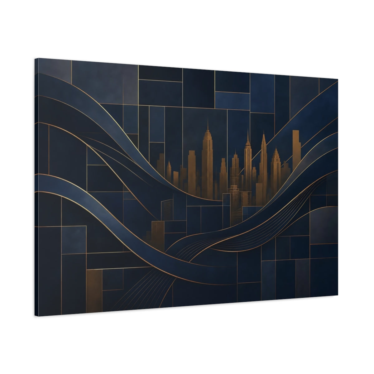 Side Mockup 1. Abstract Cityscape Navy Blue And Gold shown as stretched canvas wall art