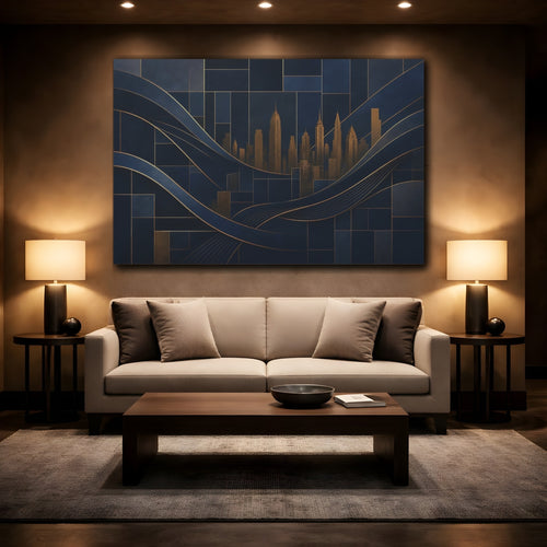 Mockup 2. Abstract Cityscape Navy Blue And Gold shown as stretched canvas wall art