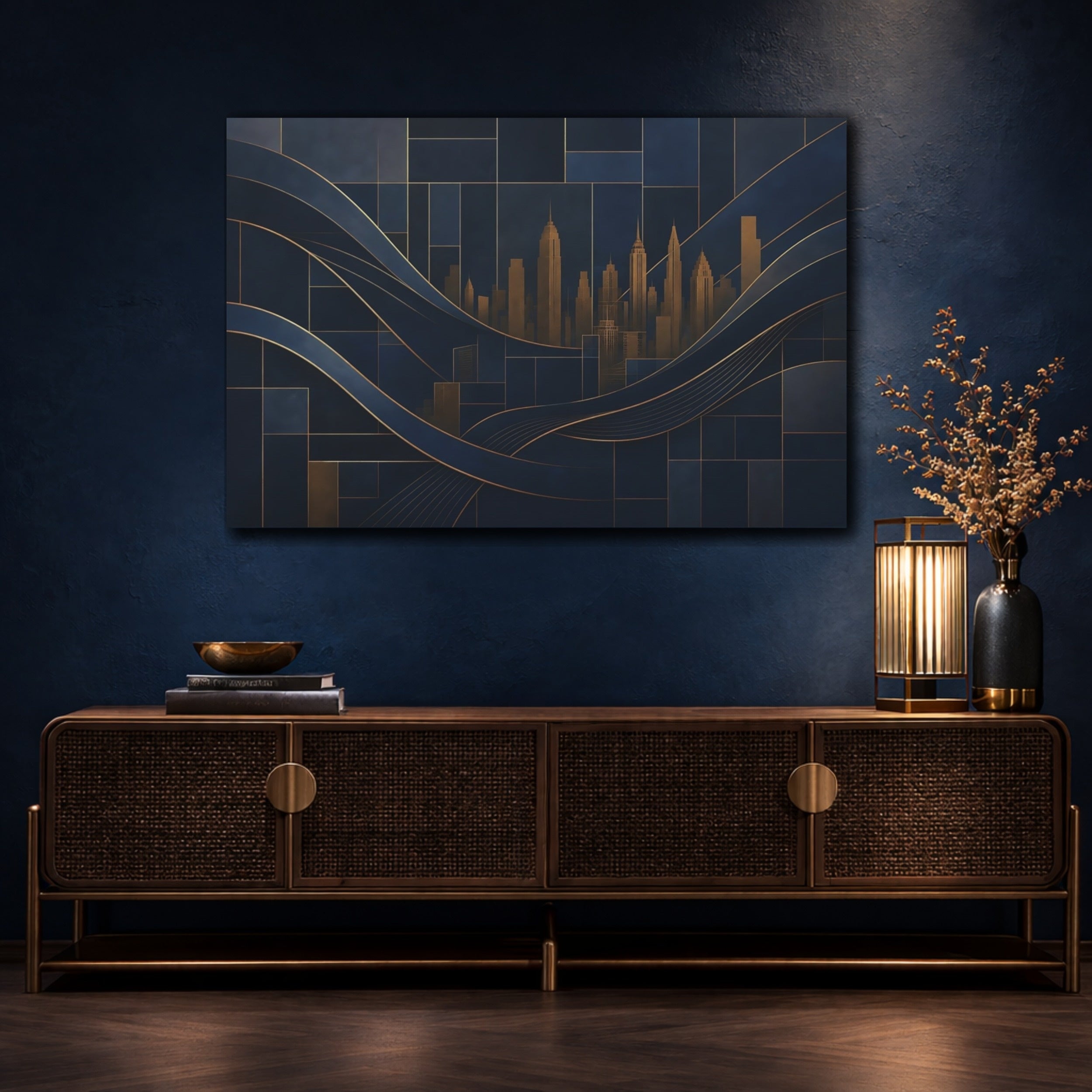 Mockup 4. Abstract Cityscape Navy Blue And Gold shown as stretched canvas wall art