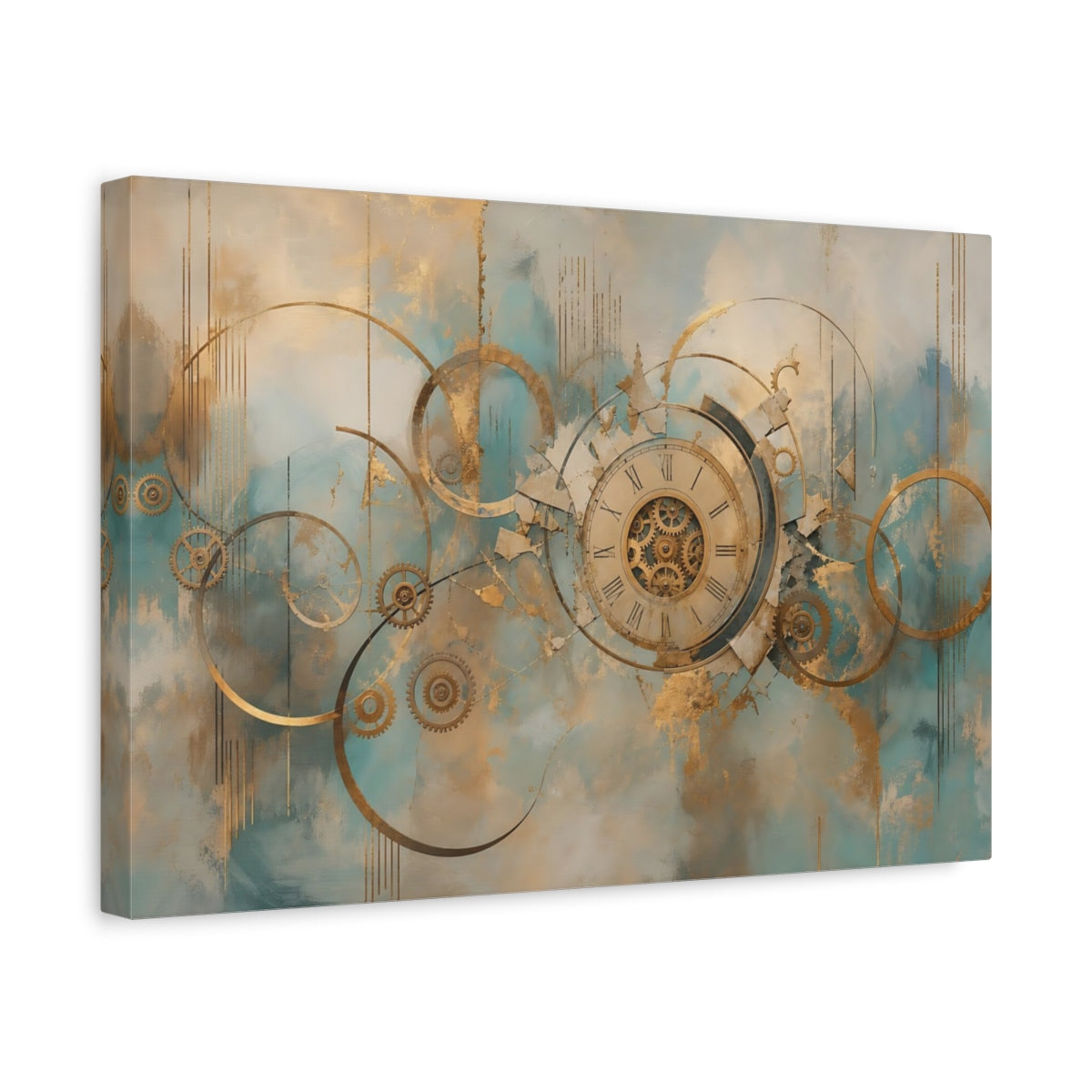 Side Mockup 4. Abstract Clockwork Gold And Teal shown as stretched canvas wall art