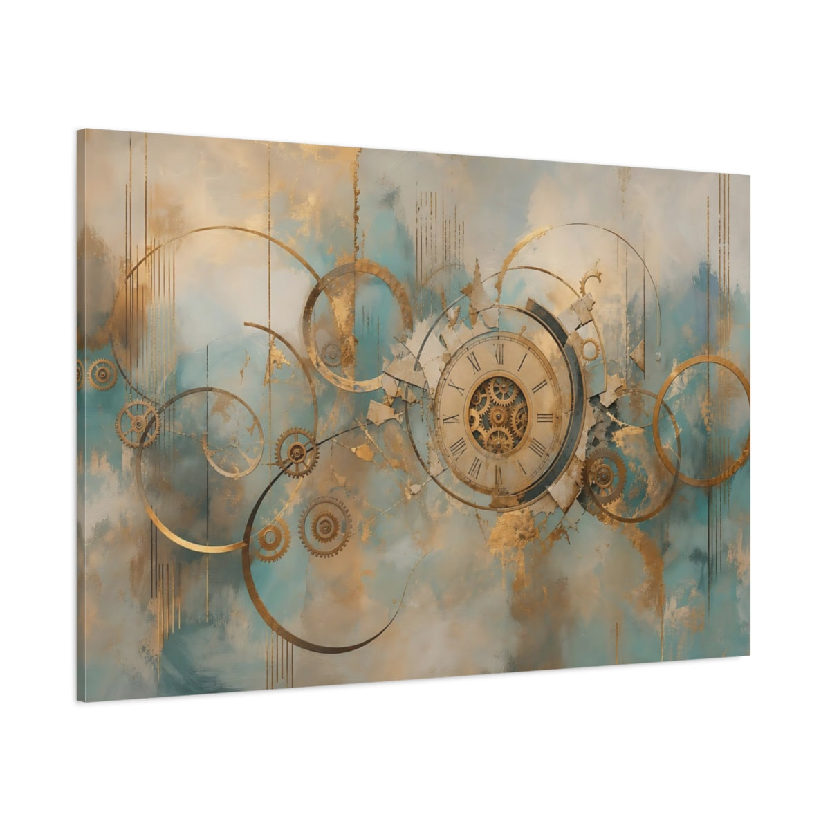 Side Mockup 1. Abstract Clockwork Gold And Teal shown as stretched canvas wall art