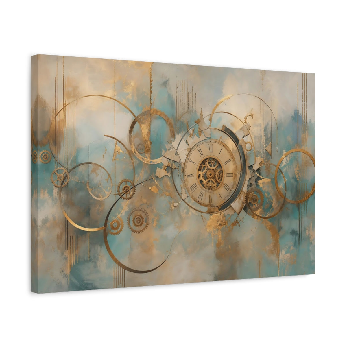 Side Mockup 3. Abstract Clockwork Gold And Teal shown as stretched canvas wall art