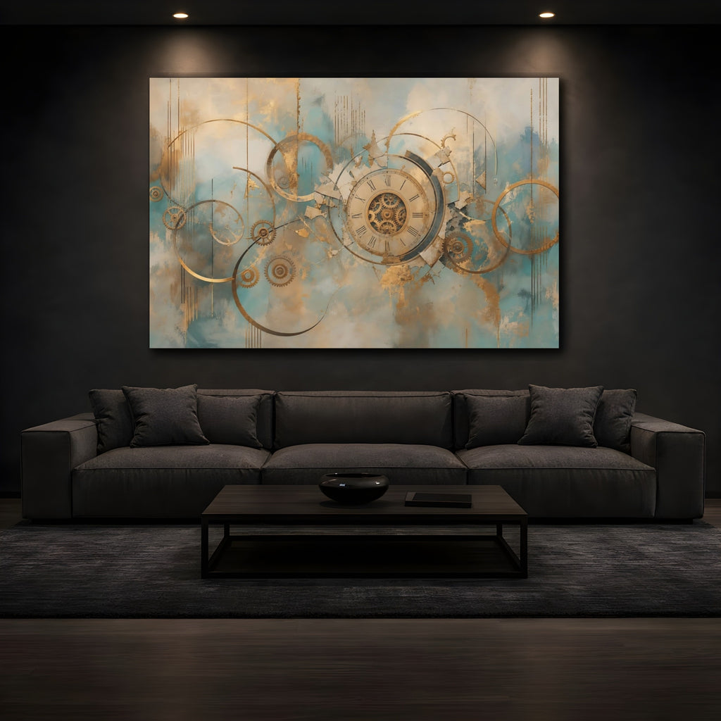 Mockup 3. Abstract Clockwork Gold And Teal shown as stretched canvas wall art