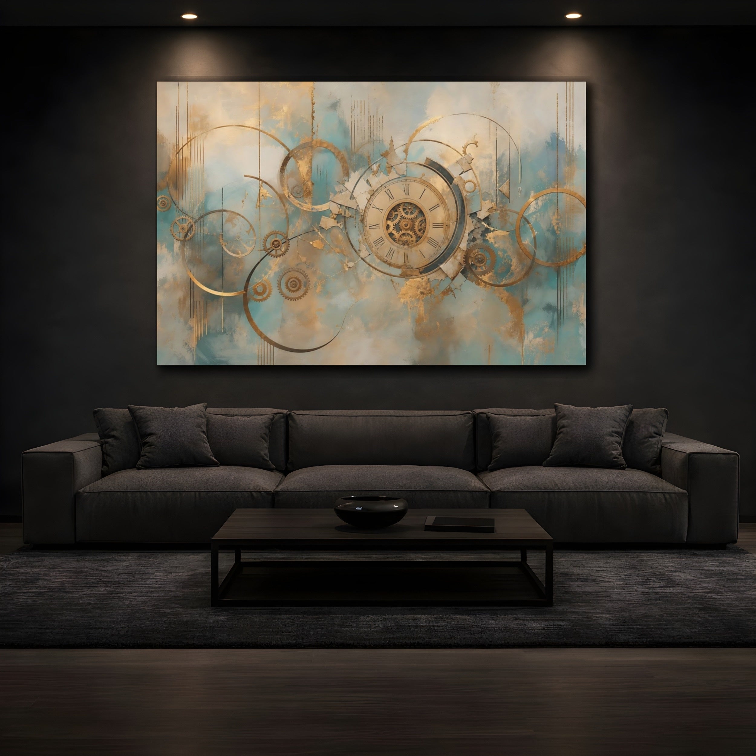 Mockup 3. Abstract Clockwork Gold And Teal shown as stretched canvas wall art