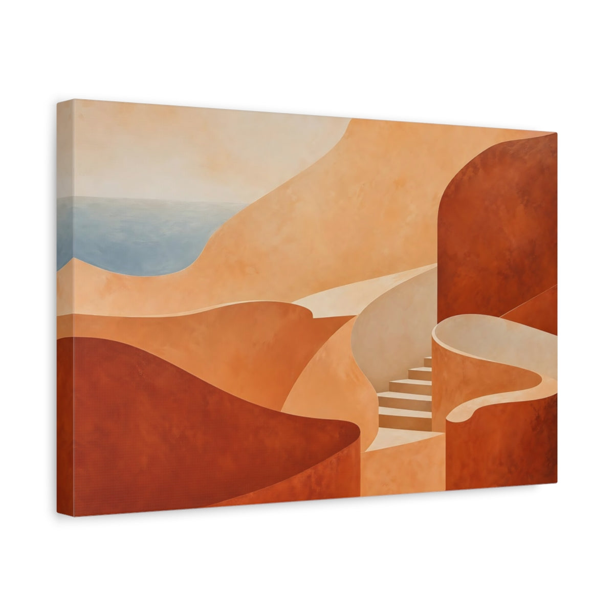 Side Mockup 4. Abstract Coastal Forms Terracotta Coast shown as stretched canvas wall art