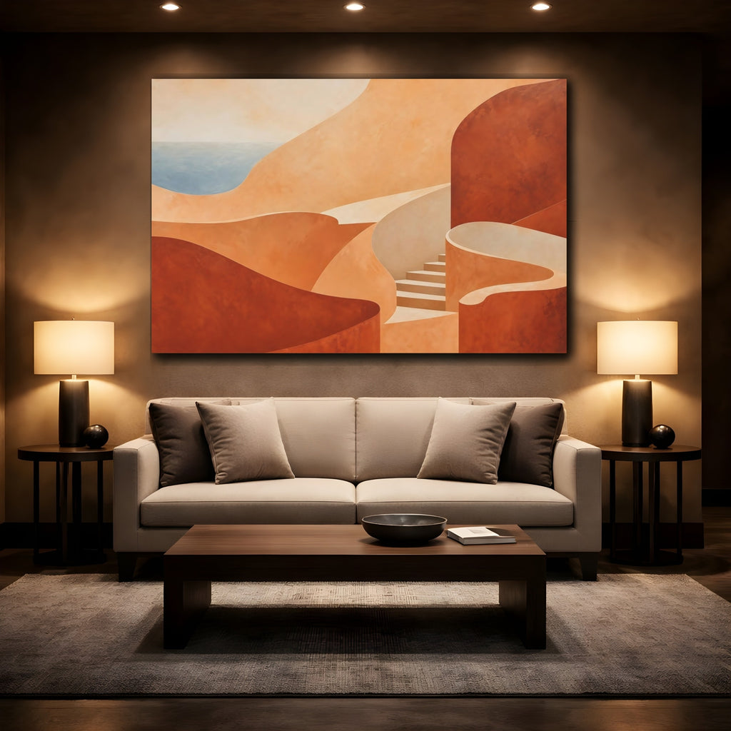Mockup 2. Abstract Coastal Forms Terracotta Coast shown as stretched canvas wall art