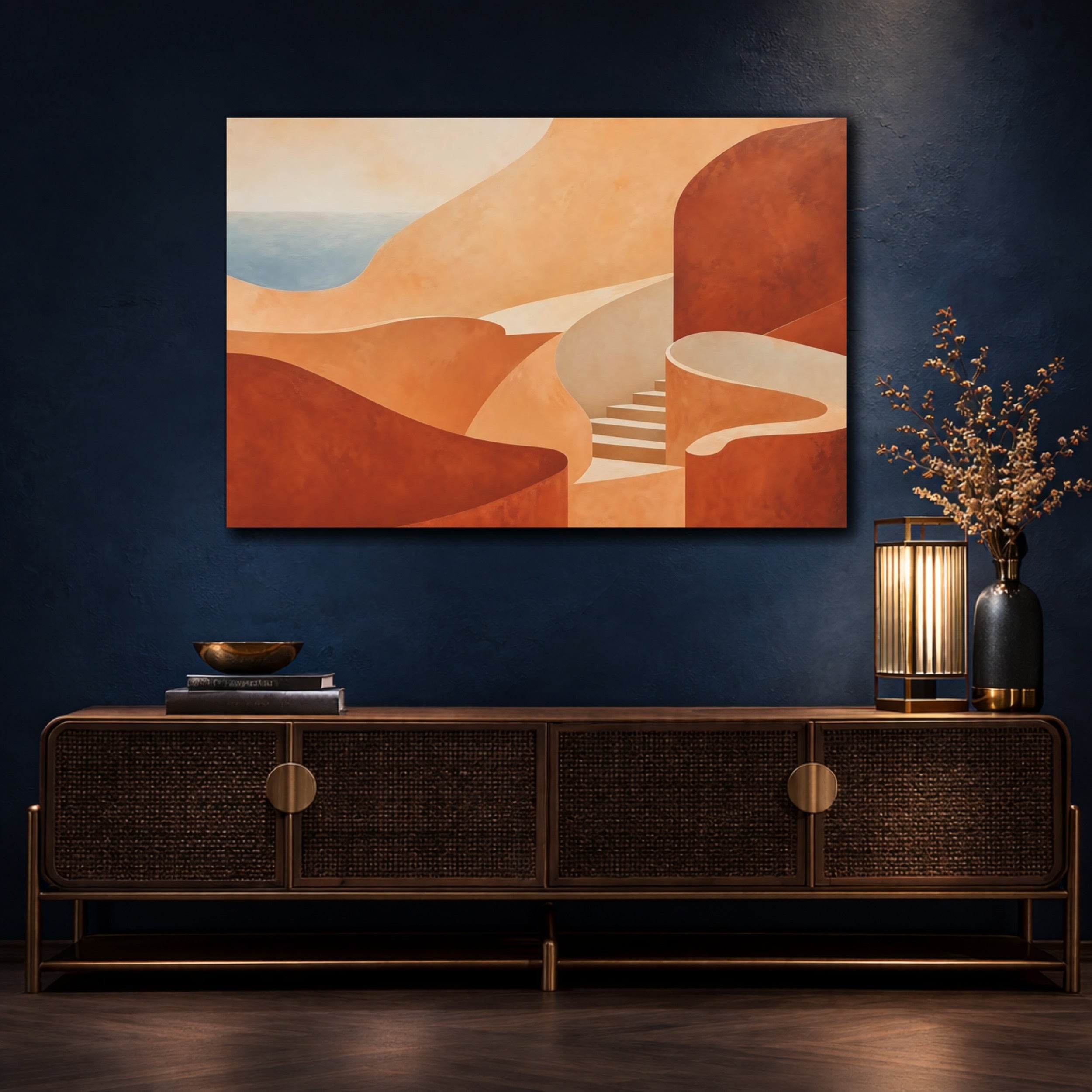 Mockup 4. Abstract Coastal Forms Terracotta Coast shown as stretched canvas wall art