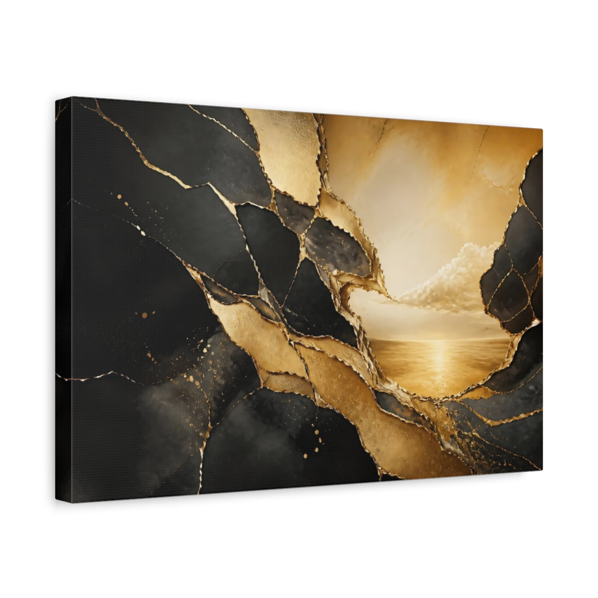 Side Mockup 4. Abstract Cracked Gold Black And Gold shown as stretched canvas wall art