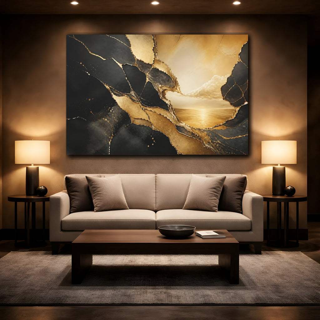 Mockup 2. Abstract Cracked Gold Black And Gold shown as stretched canvas wall art