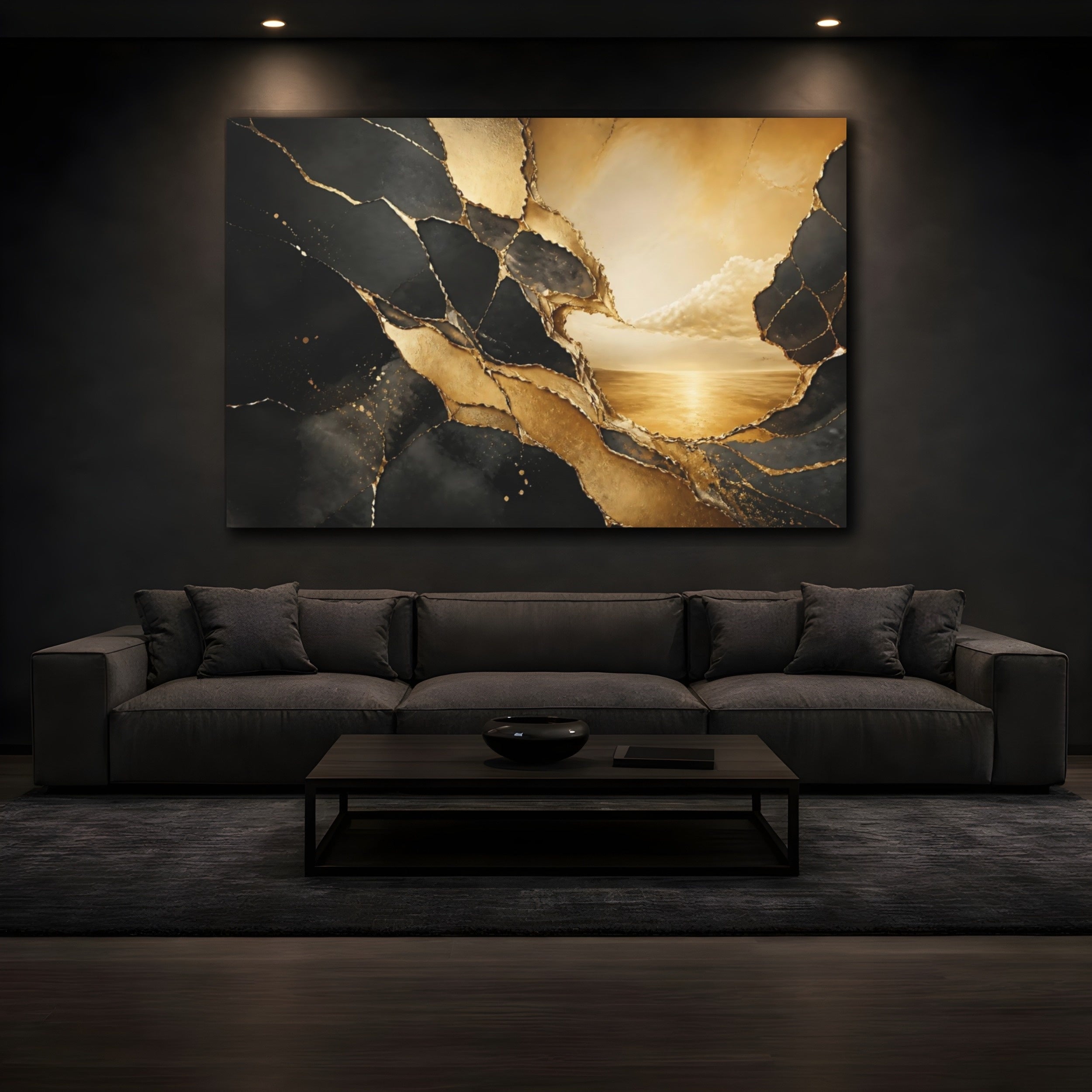 Mockup 3. Abstract Cracked Gold Black And Gold shown as stretched canvas wall art
