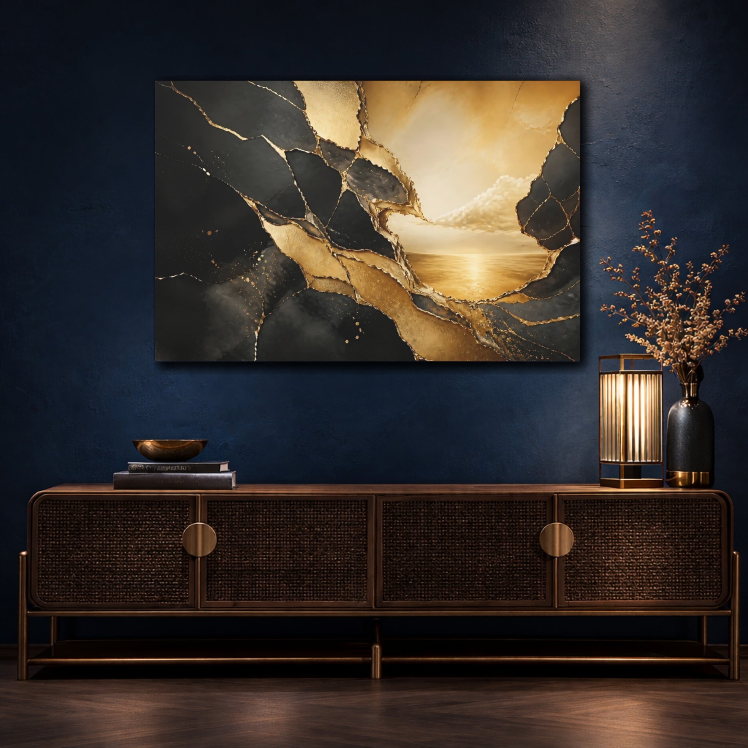 Mockup 4. Abstract Cracked Gold Black And Gold shown as stretched canvas wall art