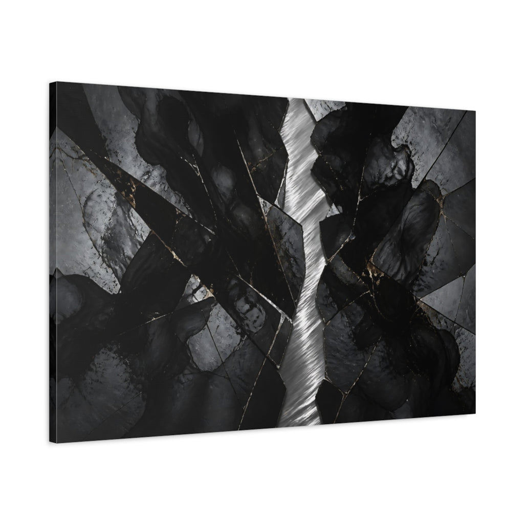 Main Mockup. Abstract Cracked Stone Black And Gold shown as stretched canvas wall art