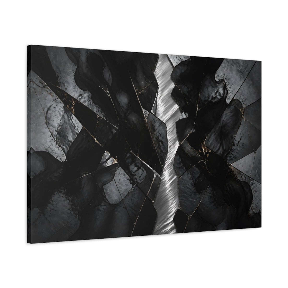 Main Mockup. Abstract Cracked Stone Black And Gold shown as stretched canvas wall art