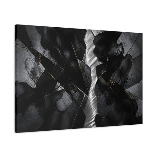 Main Mockup. Abstract Cracked Stone Black And Gold shown as stretched canvas wall art