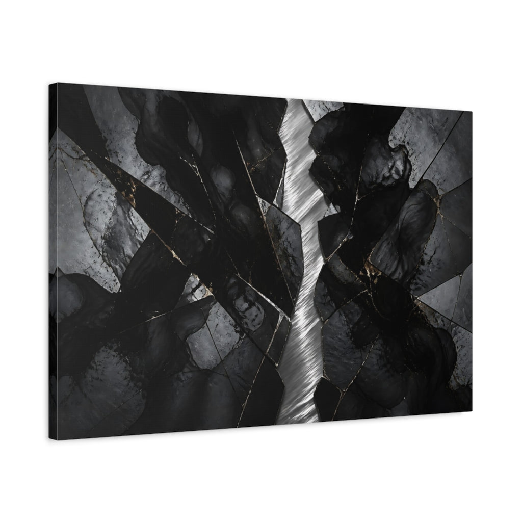 Side Mockup 2. Abstract Cracked Stone Black And Gold shown as stretched canvas wall art