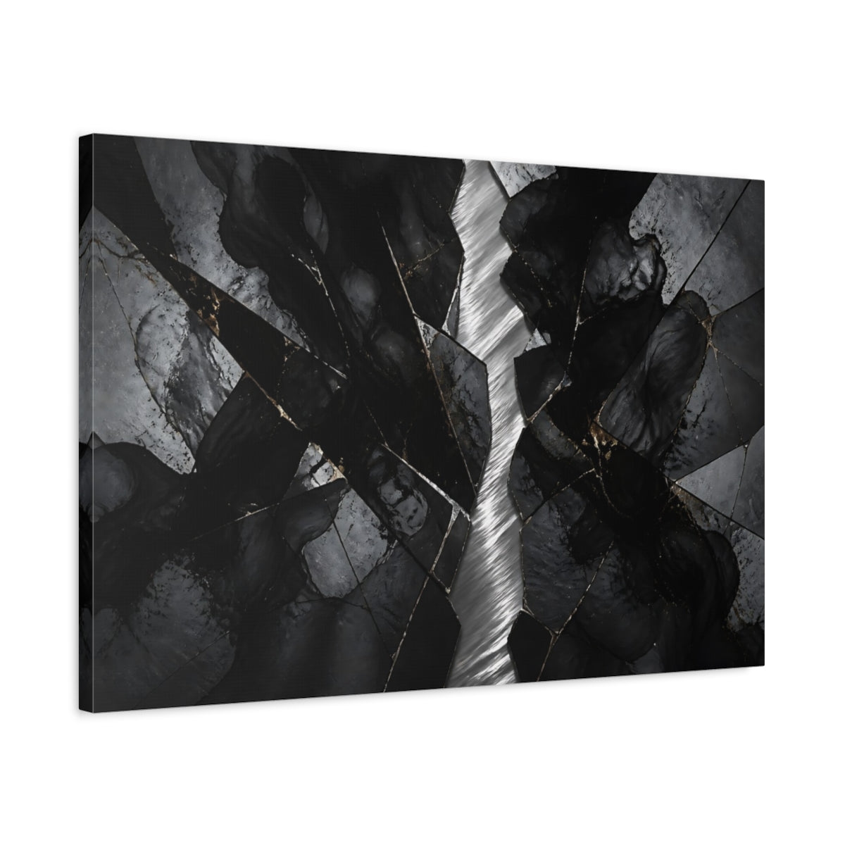 Side Mockup 2. Abstract Cracked Stone Black And Gold shown as stretched canvas wall art