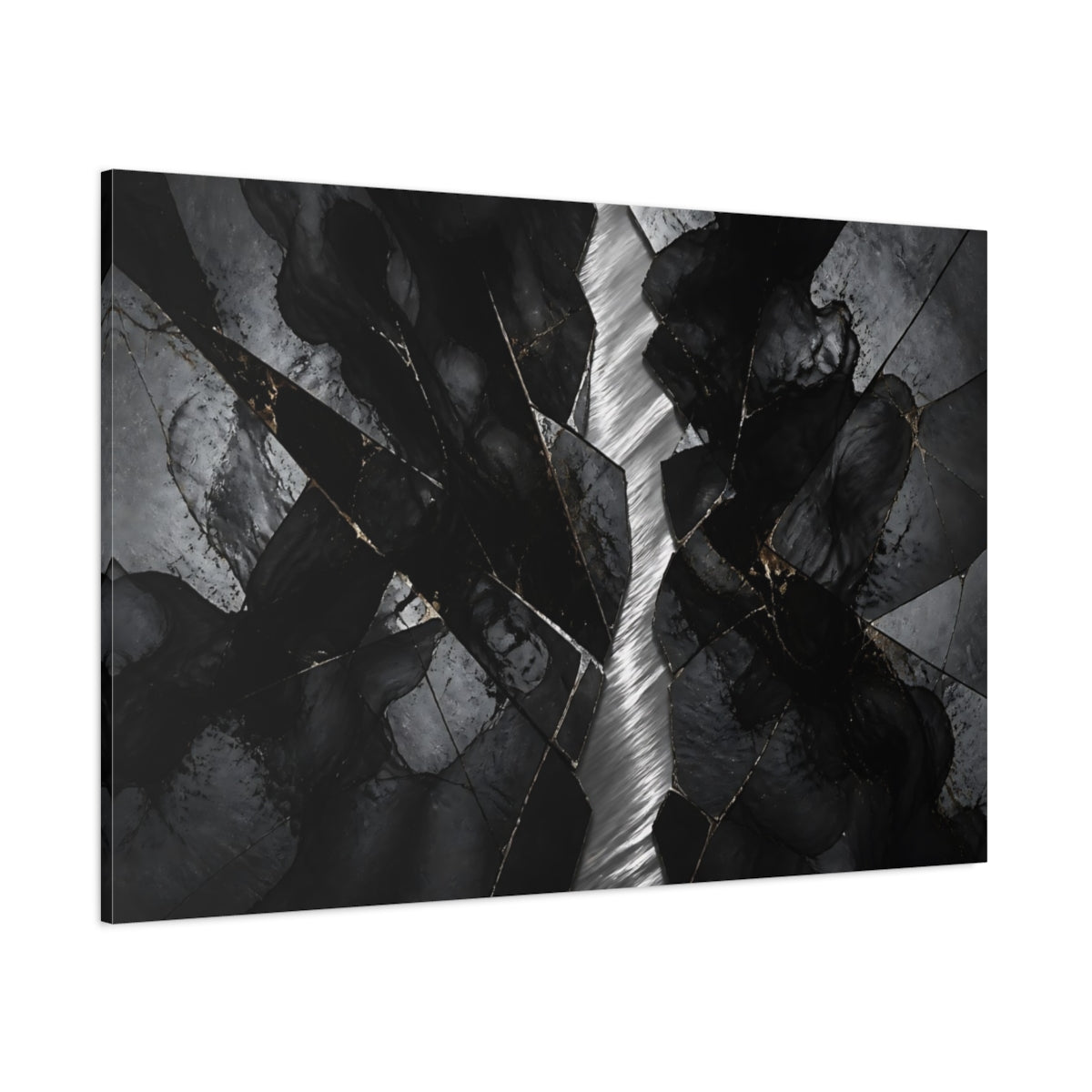 Side Mockup 1. Abstract Cracked Stone Black And Gold shown as stretched canvas wall art