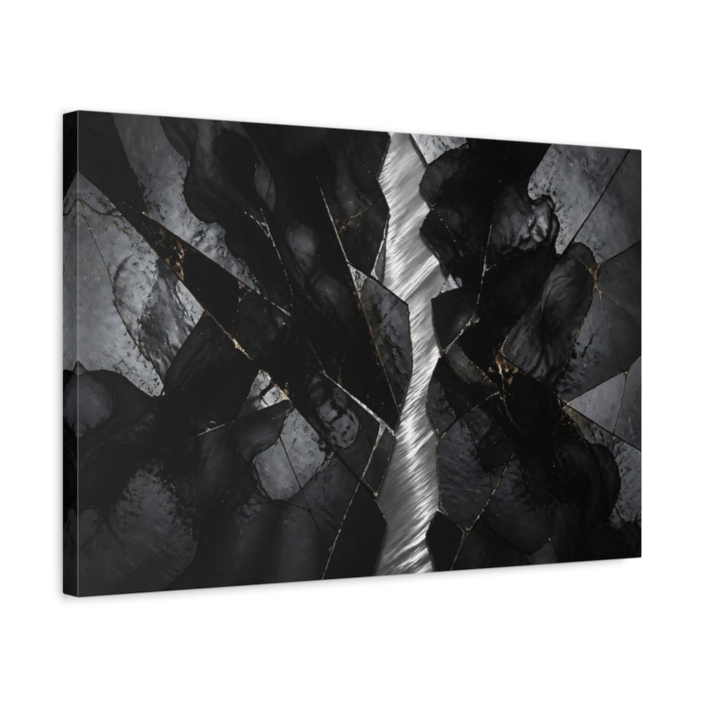 Side Mockup 3. Abstract Cracked Stone Black And Gold shown as stretched canvas wall art