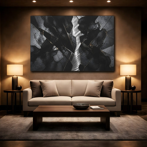 Mockup 2. Abstract Cracked Stone Black And Gold shown as stretched canvas wall art