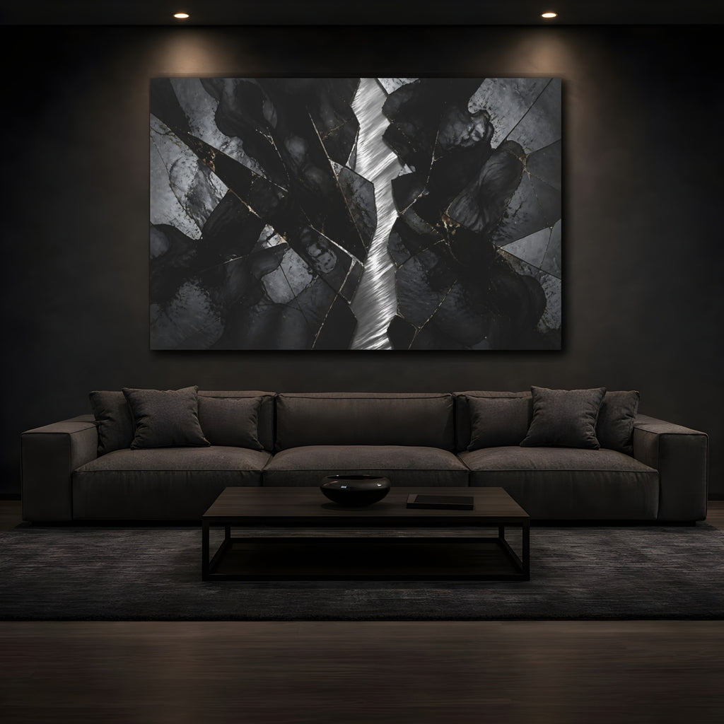 Mockup 3. Abstract Cracked Stone Black And Gold shown as stretched canvas wall art