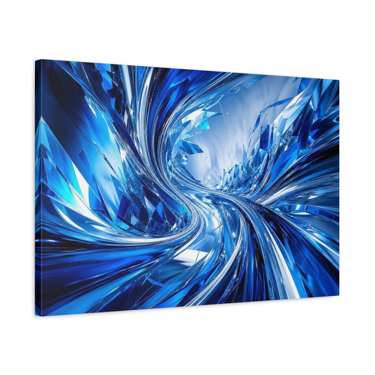 Side Mockup 2. Abstract Abstract Crystals Blue And Silver shown as stretched canvas wall art