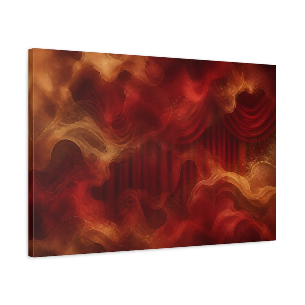 Side Mockup 2. Abstract Ethereal Drapes Red And Gold shown as stretched canvas wall art
