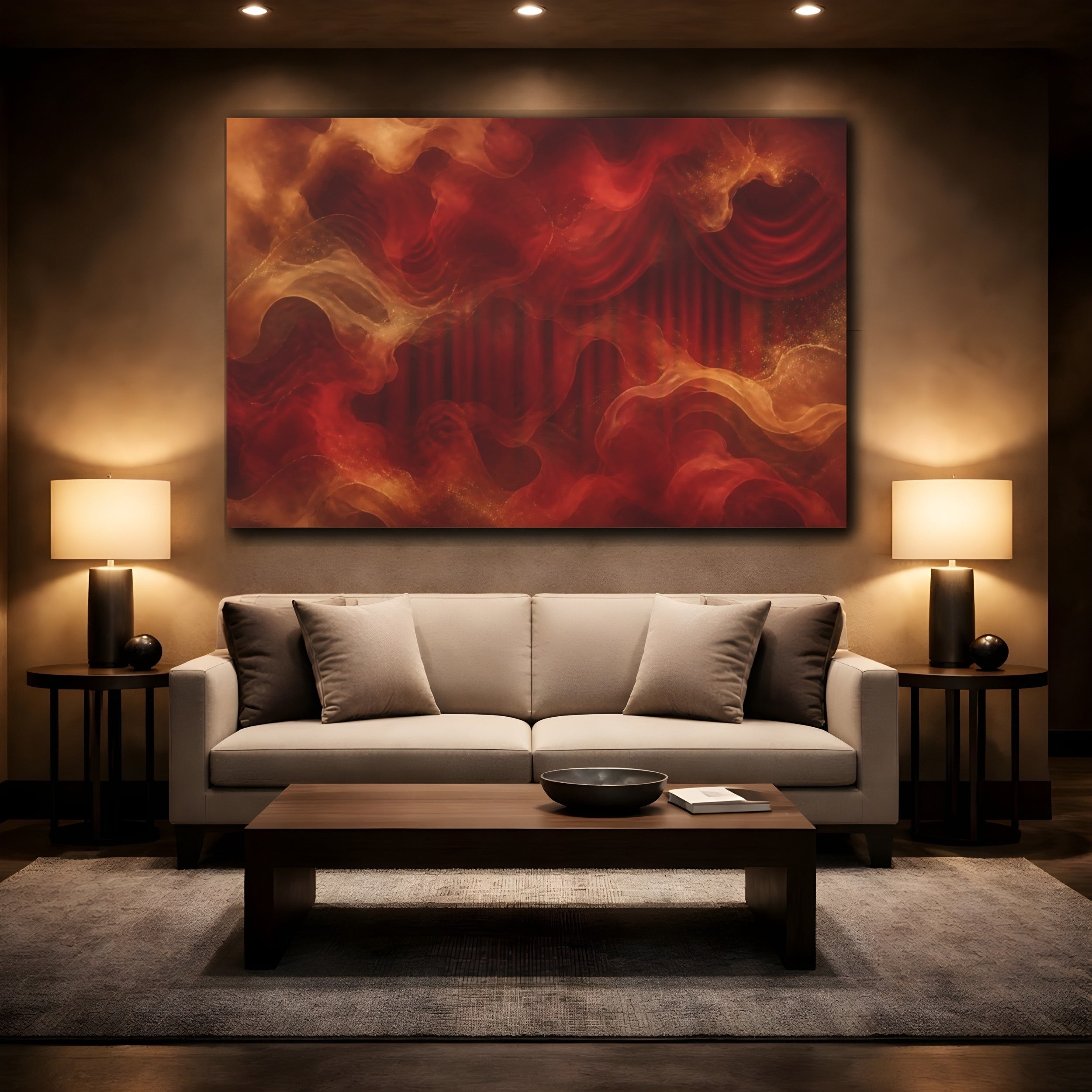 Mockup 2. Abstract Ethereal Drapes Red And Gold shown as stretched canvas wall art