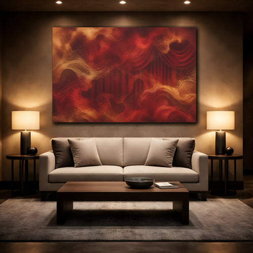 Mockup 2. Abstract Ethereal Drapes Red And Gold shown as stretched canvas wall art