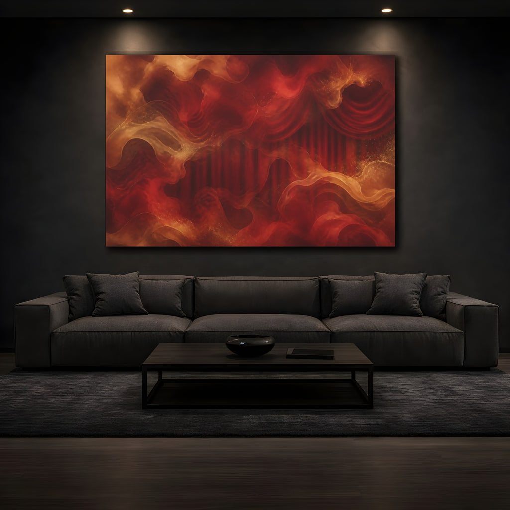 Mockup 3. Abstract Ethereal Drapes Red And Gold shown as stretched canvas wall art