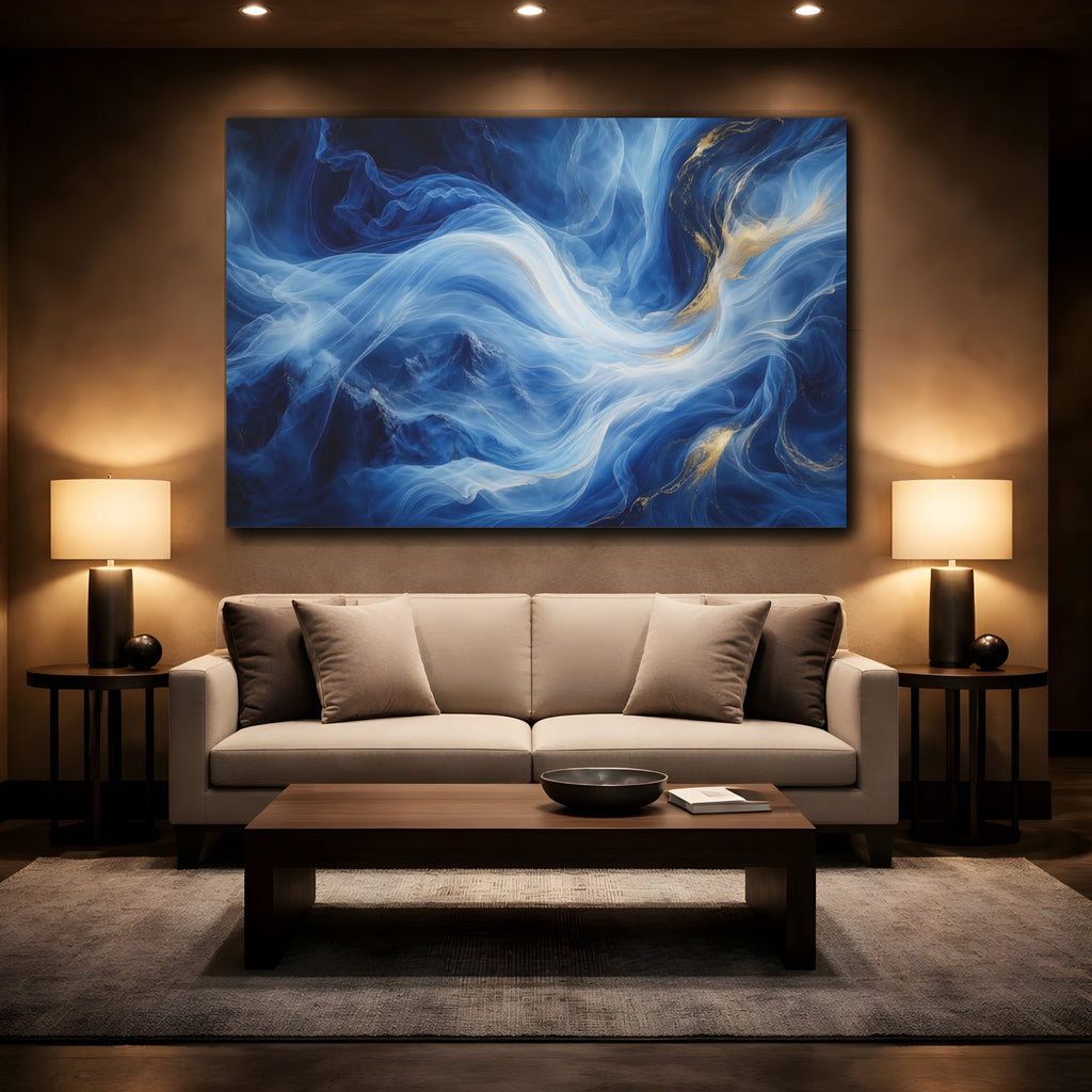 Mockup 2. Abstract Ethereal Swirls Blue Gold Abstract shown as stretched canvas wall art