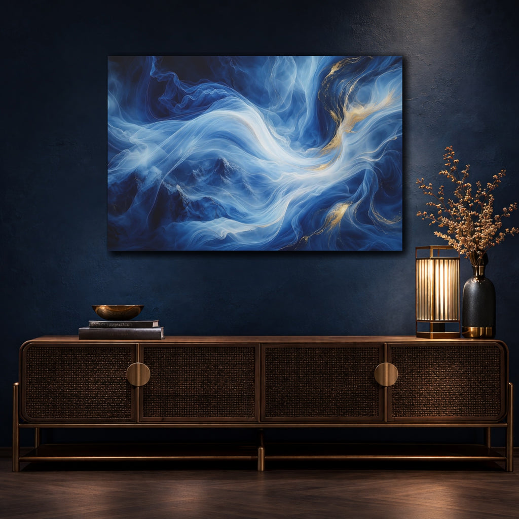 Mockup 4. Abstract Ethereal Swirls Blue Gold Abstract shown as stretched canvas wall art