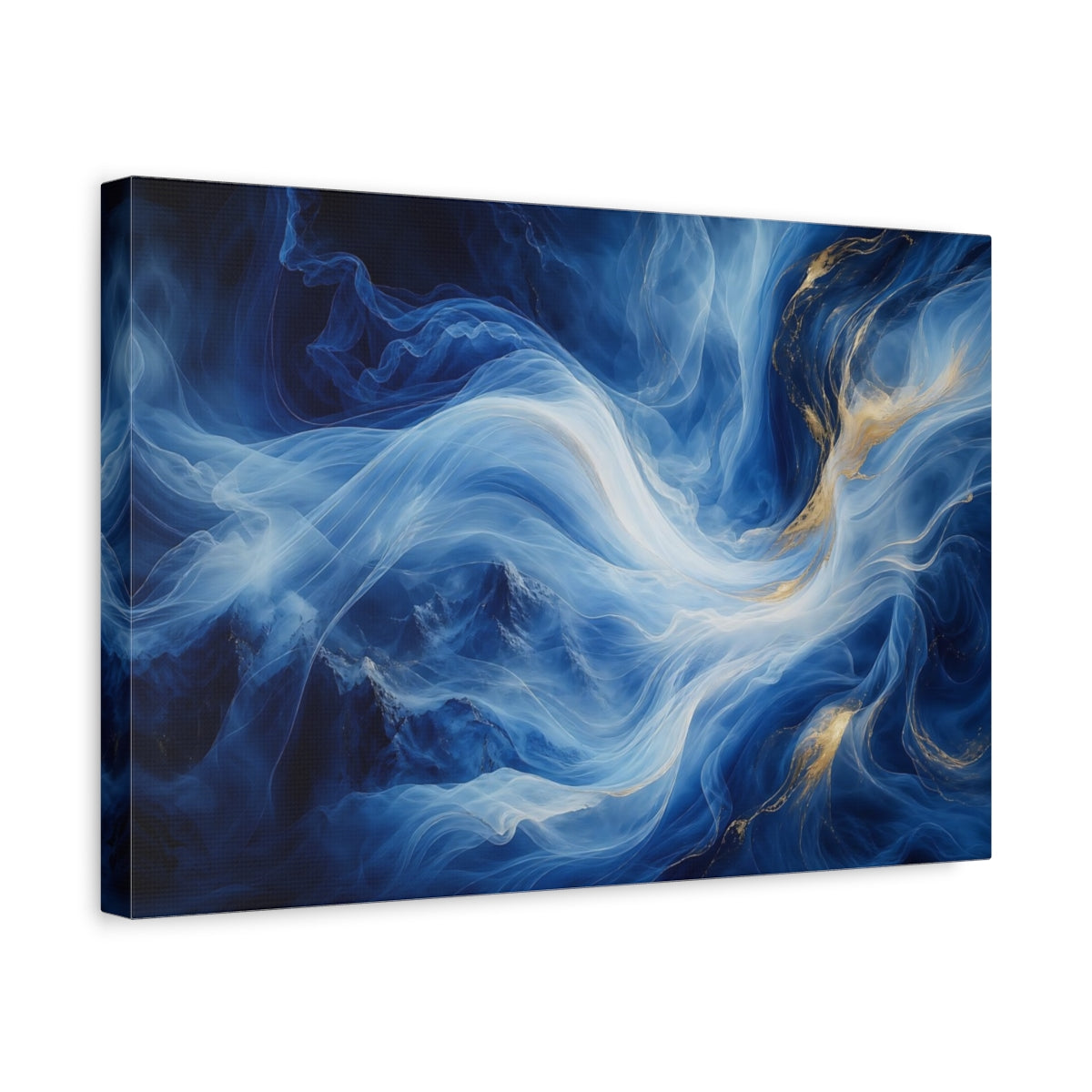 Side Mockup 4. Abstract Ethereal Swirls Blue Gold Abstract shown as stretched canvas wall art
