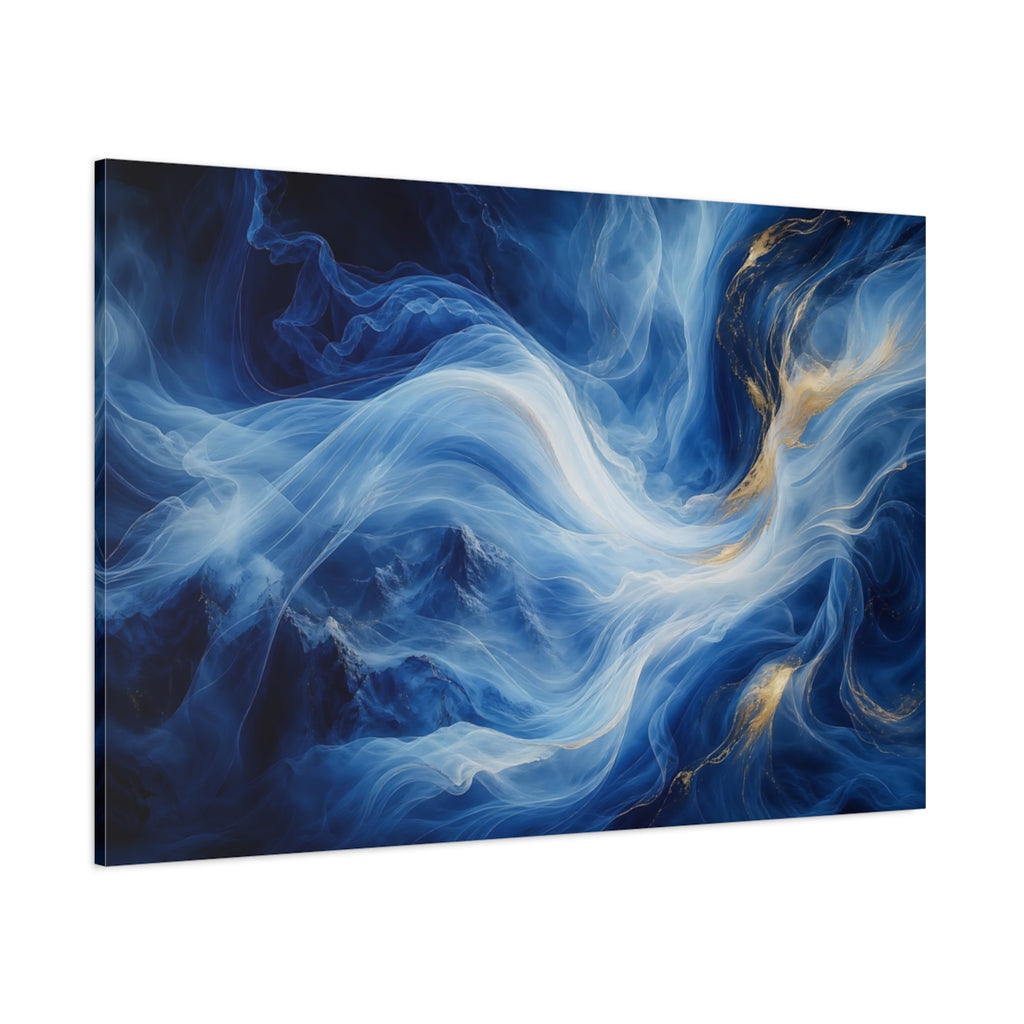 Side Mockup 1. Abstract Ethereal Swirls Blue Gold Abstract shown as stretched canvas wall art