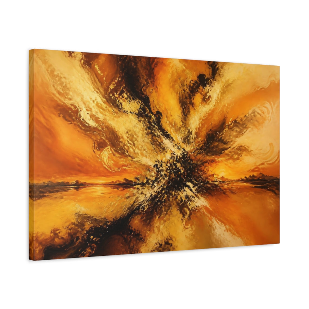 Side Mockup 2. Abstract Abstract Explosion Orange Gold Abstract shown as stretched canvas wall art