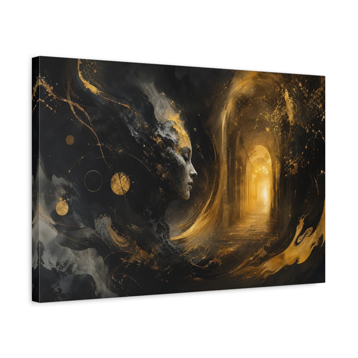 Side Mockup 3. Abstract Abstract Face Black And Gold shown as stretched canvas wall art