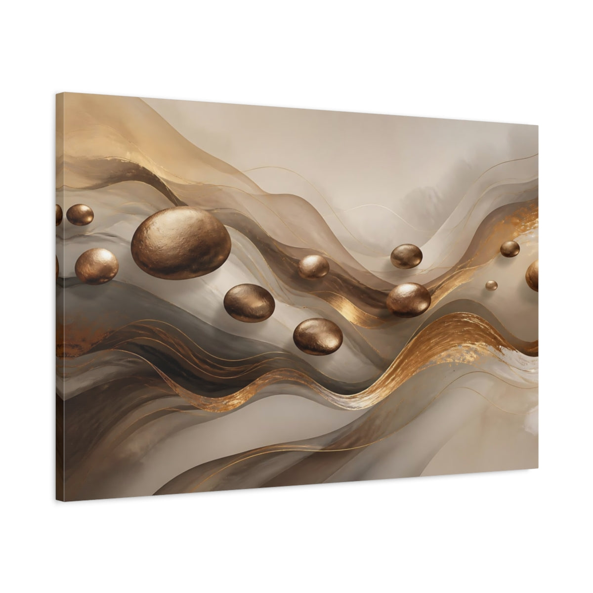 Main Mockup. Abstract Floating Spheres Brown And Gold shown as stretched canvas wall art