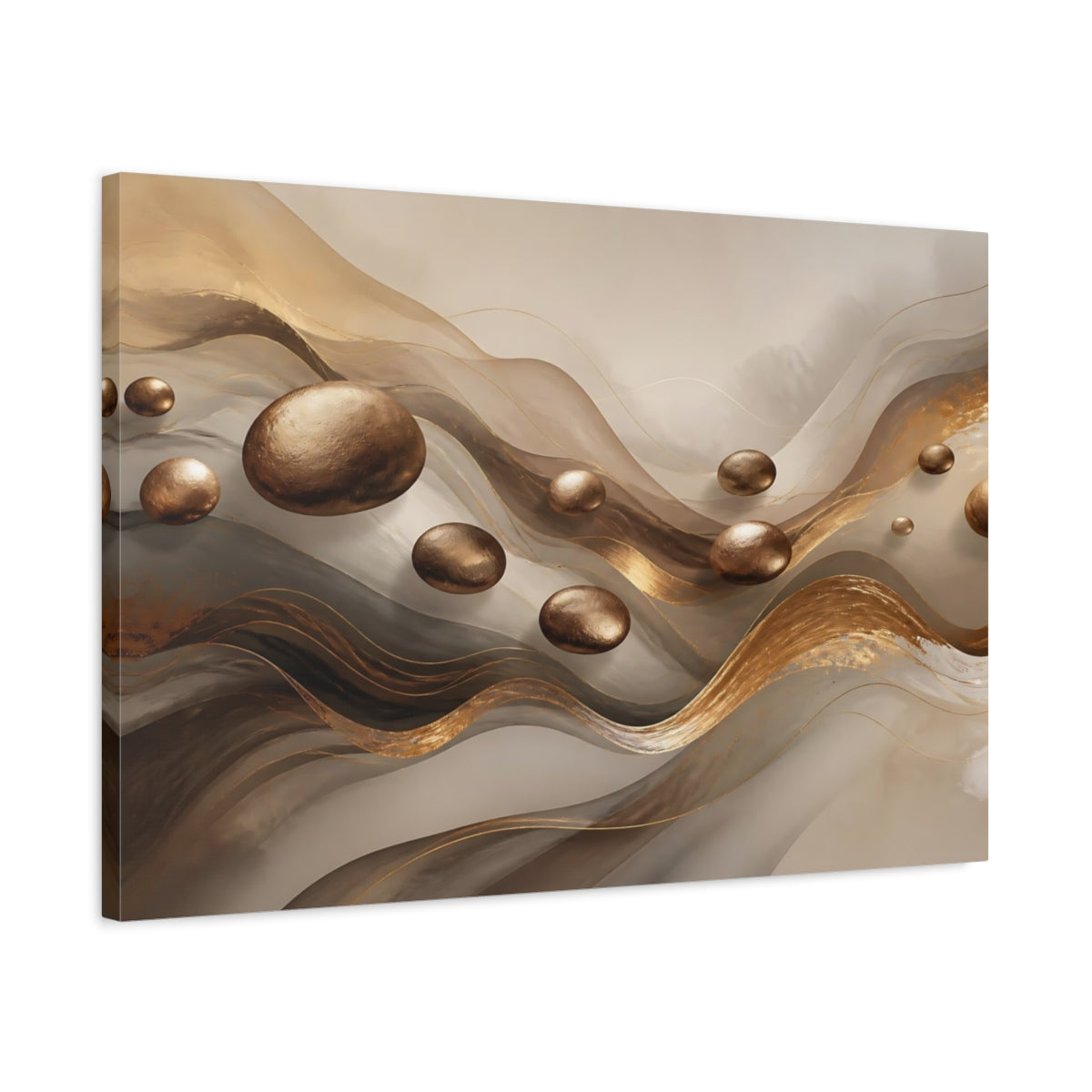 Side Mockup 2. Abstract Floating Spheres Brown And Gold shown as stretched canvas wall art