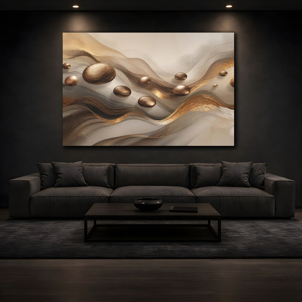 Mockup 3. Abstract Floating Spheres Brown And Gold shown as stretched canvas wall art