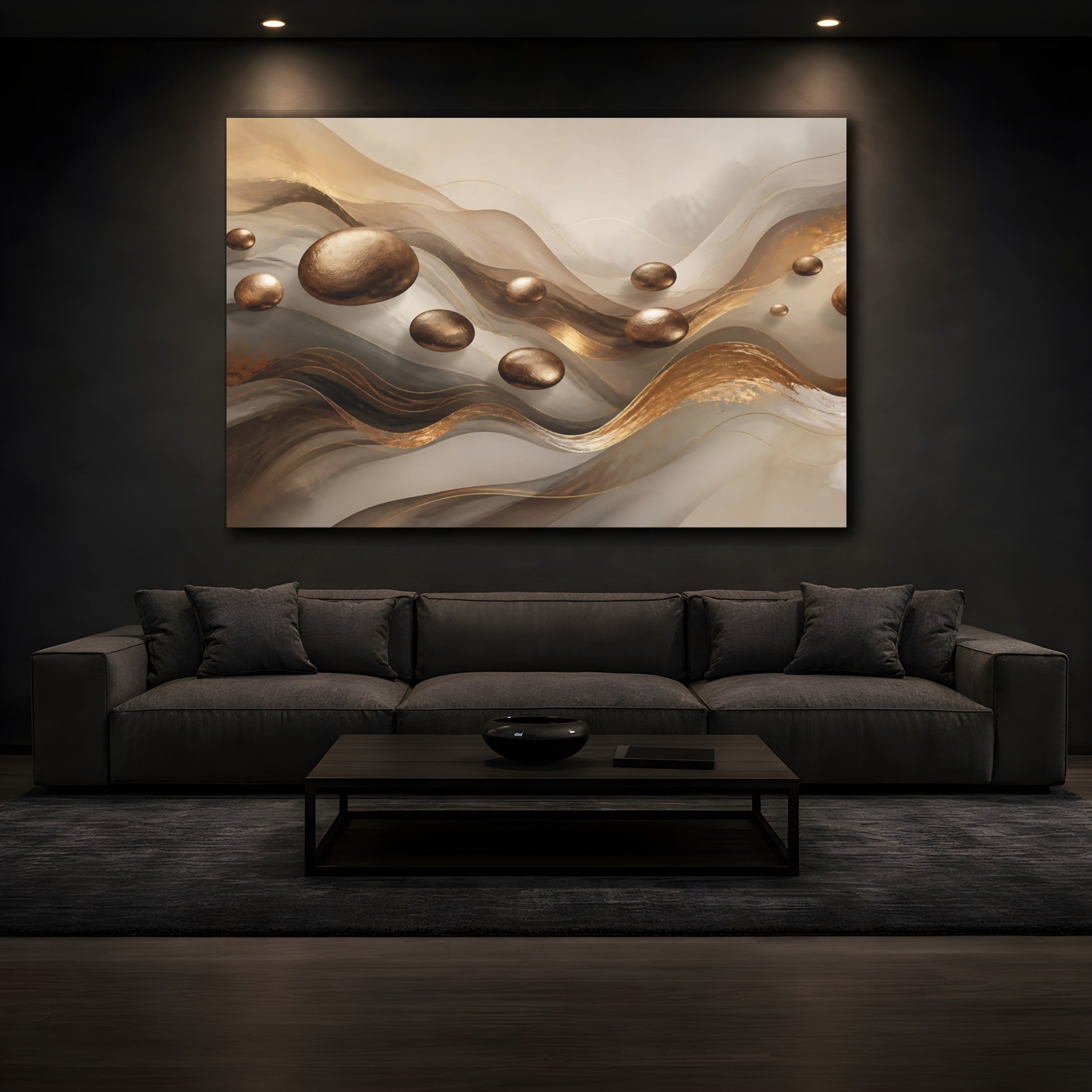 Mockup 3. Abstract Floating Spheres Brown And Gold shown as stretched canvas wall art