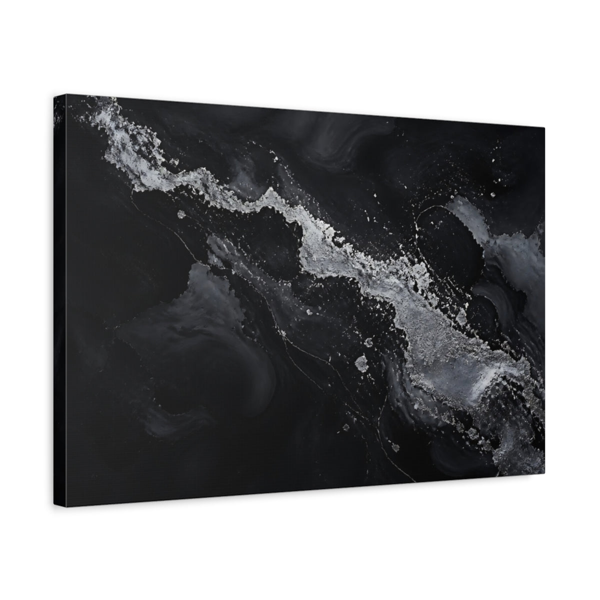 Side Mockup 3. Abstract Abstract Flow Black And Silver shown as stretched canvas wall art