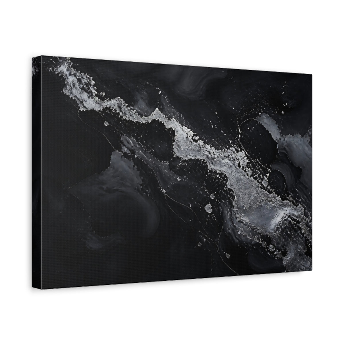 Side Mockup 4. Abstract Abstract Flow Black And Silver shown as stretched canvas wall art