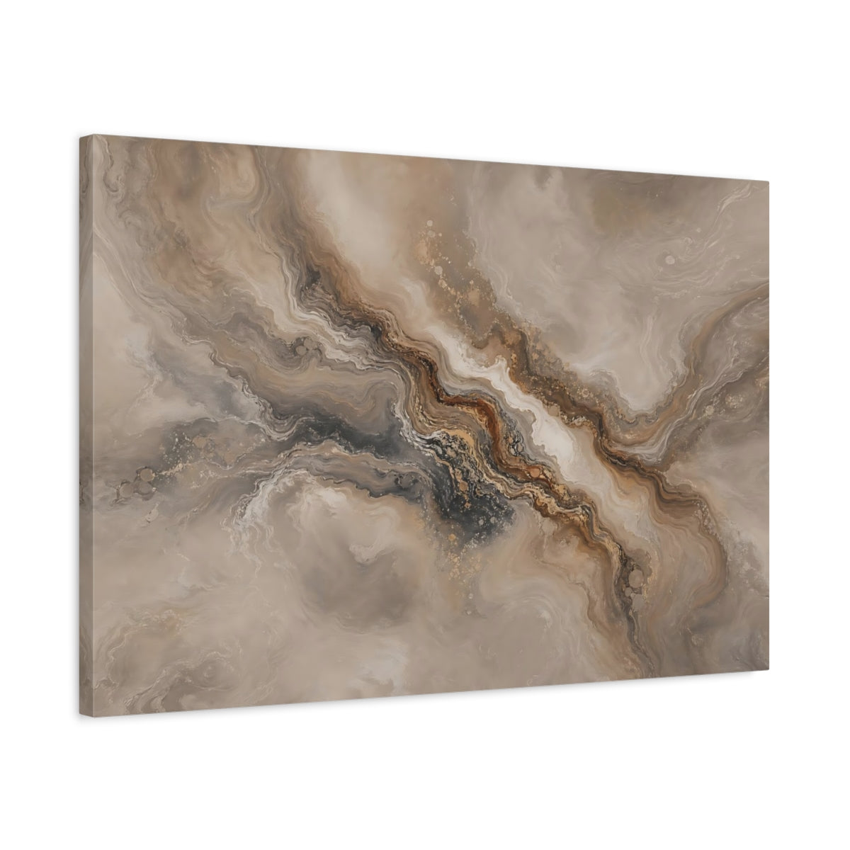 Side Mockup 2. Abstract Abstract Flow Brown And Gold Abstract shown as stretched canvas wall art