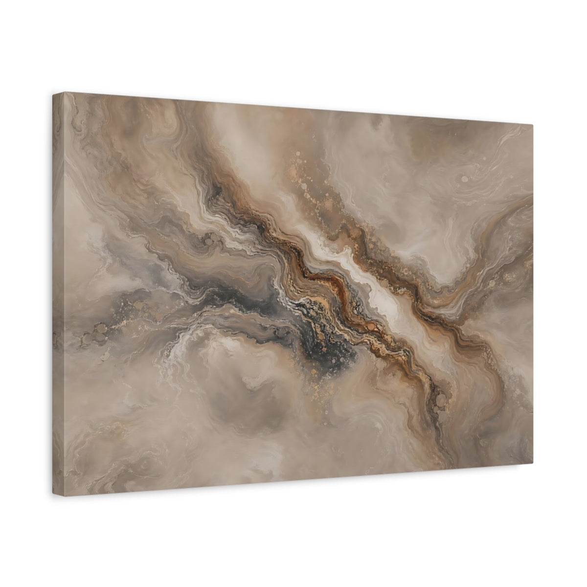Side Mockup 3. Abstract Abstract Flow Brown And Gold Abstract shown as stretched canvas wall art
