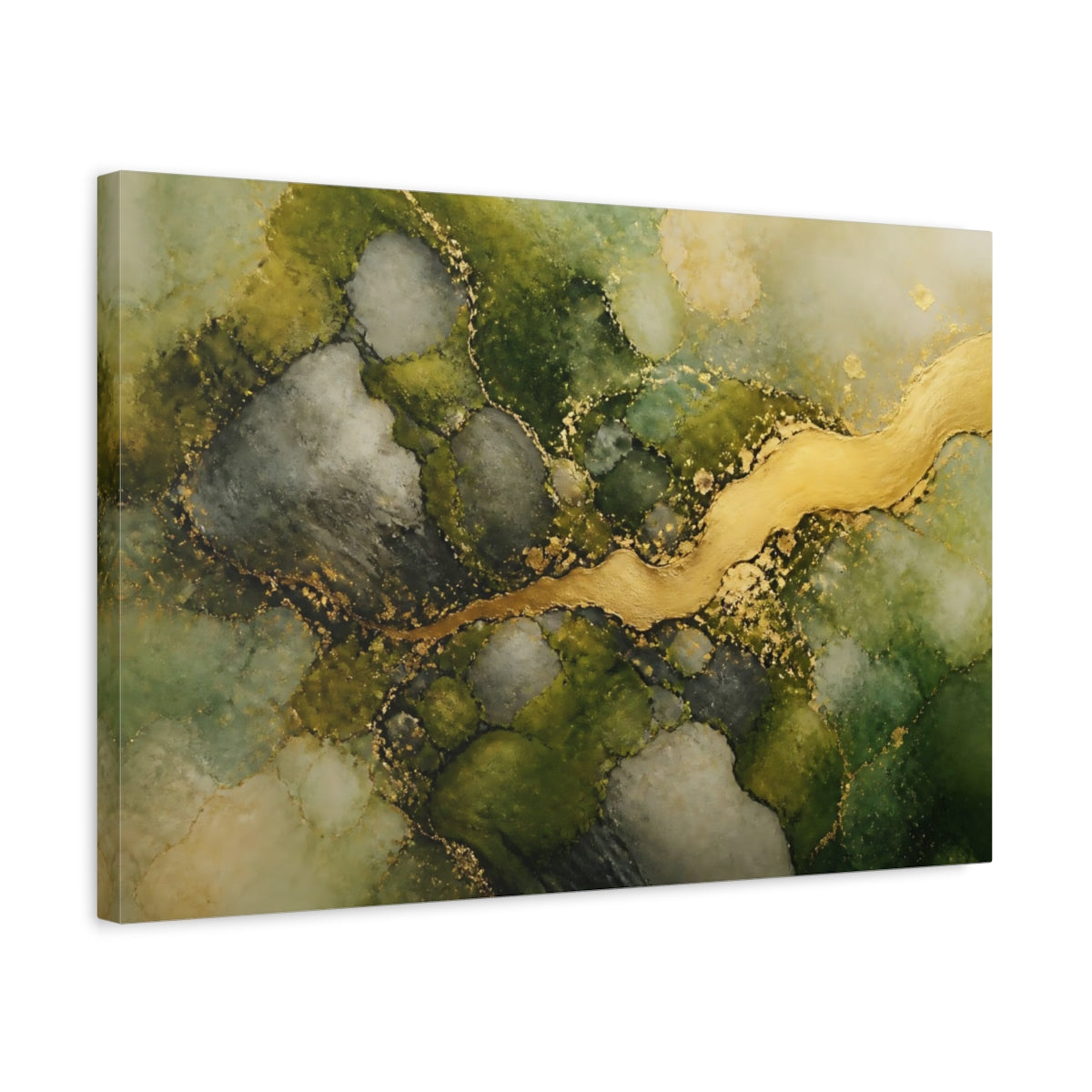 Side Mockup 3. Abstract Abstract Flow Green And Gold shown as stretched canvas wall art