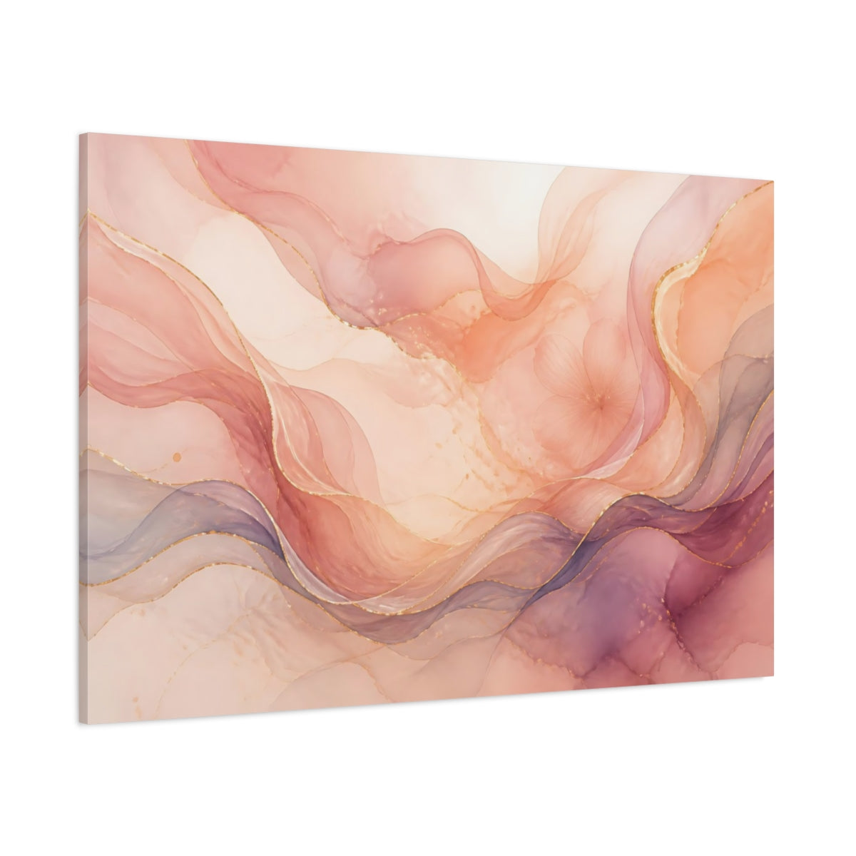 Side Mockup 1. Abstract Abstract Flow Pink Gold Abstract shown as stretched canvas wall art