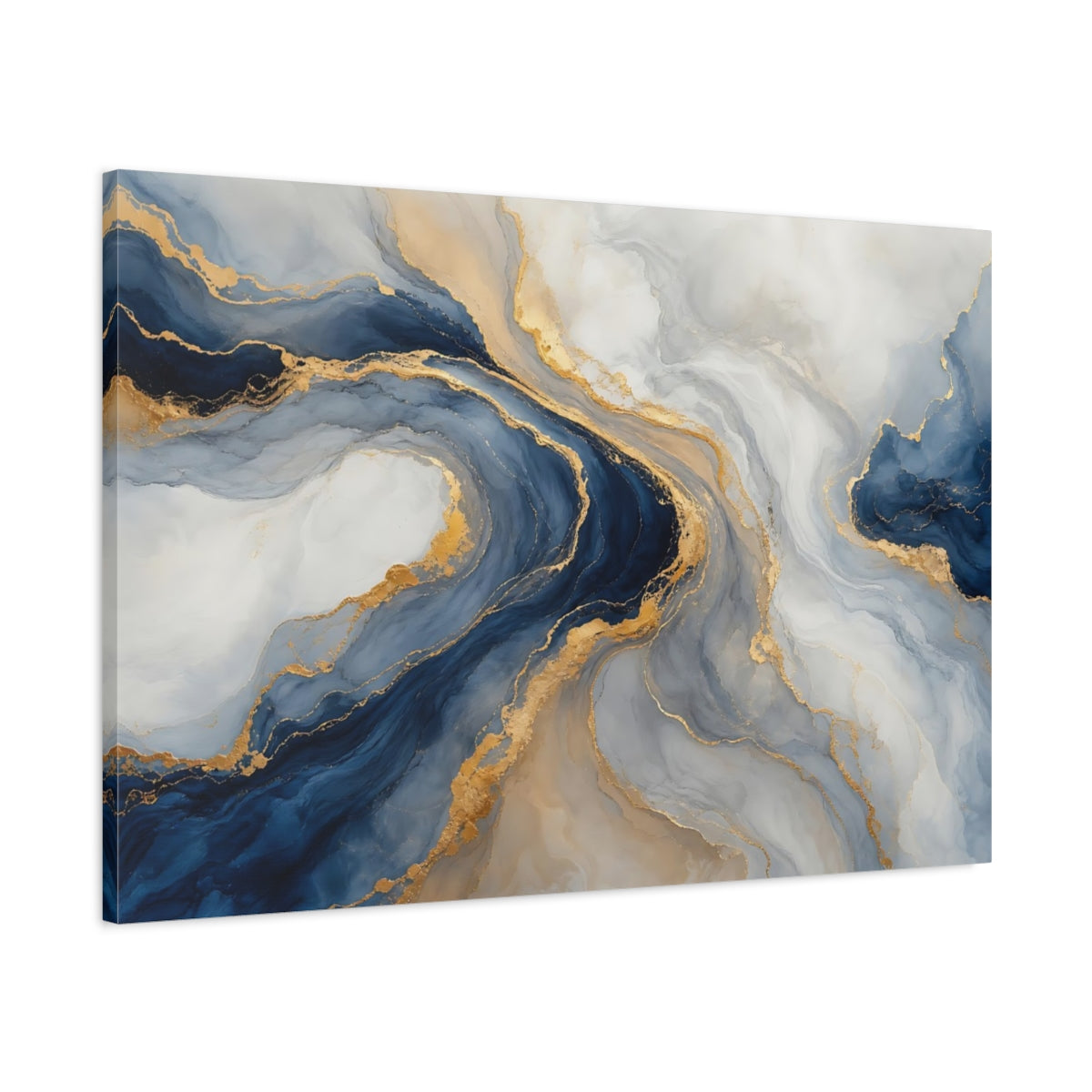 Main Mockup. Abstract Fluid Abstract Blue And Gold shown as stretched canvas wall art