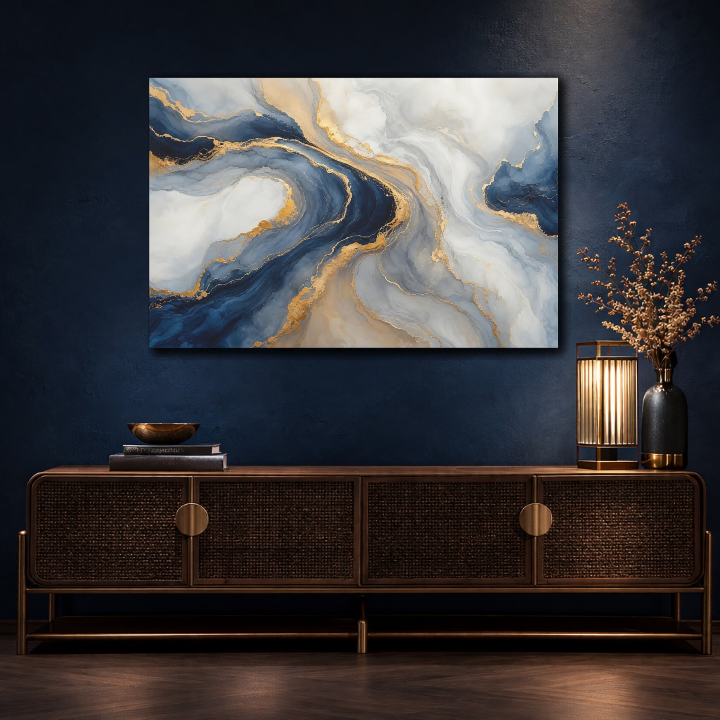 Mockup 4. Abstract Fluid Abstract Blue And Gold shown as stretched canvas wall art