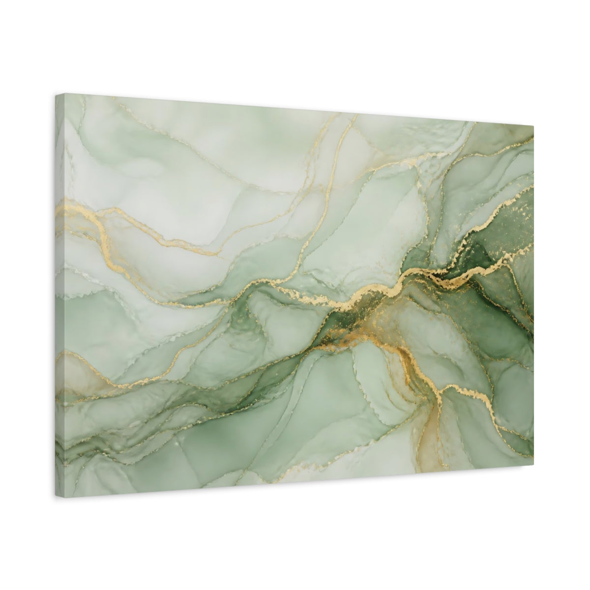 Side Mockup 2. Abstract Fluid Art Green Gold Swirl shown as stretched canvas wall art