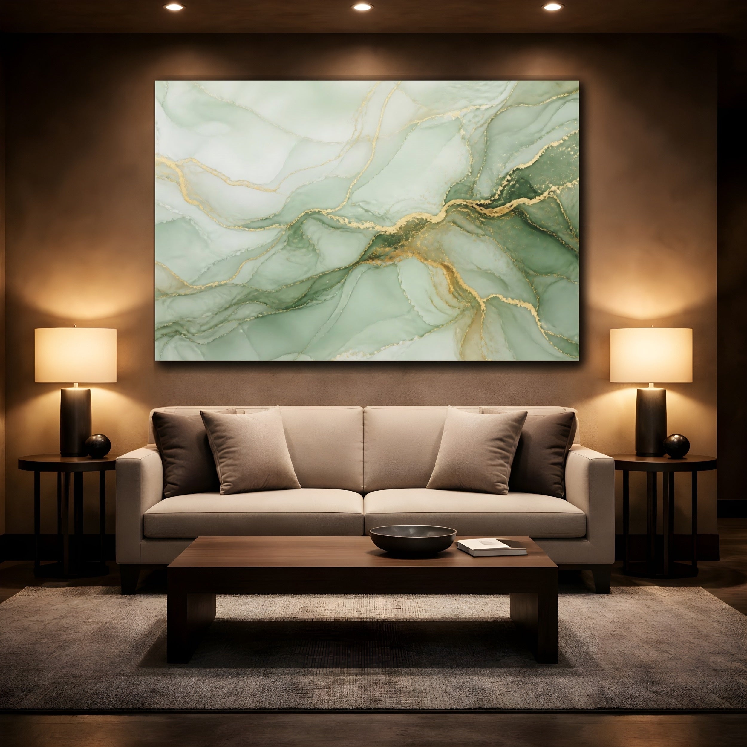 Mockup 2. Abstract Fluid Art Green Gold Swirl shown as stretched canvas wall art